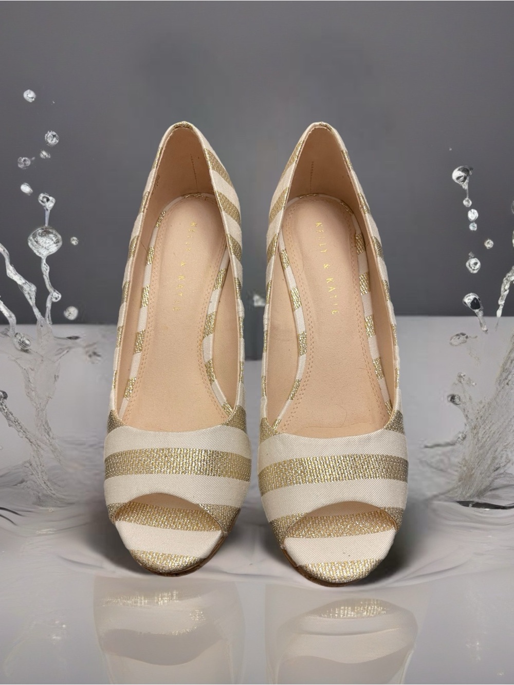 Wedge Peep-Toe Pumps in Cream and Gold Stripe